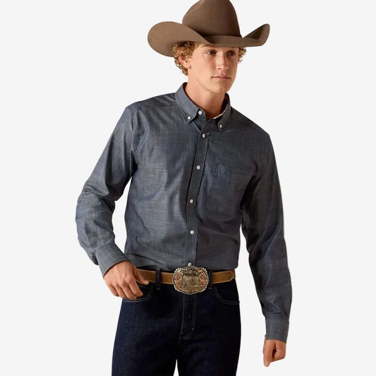 Ariat Men's Wrinkle Free Solid Fitted Shirt Chambray Blue