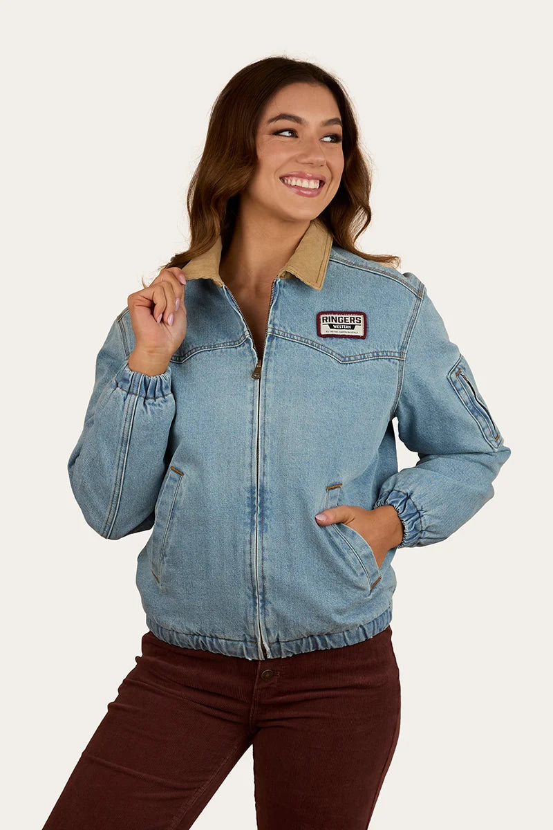 Ringers Western Women’s Charley Denim Sherpa Bomber Jacket - Light Wash Blue