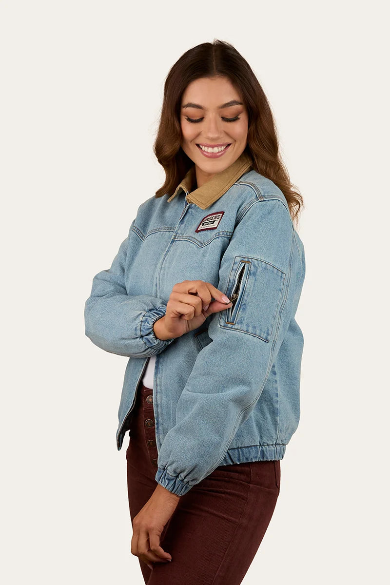 Ringers Western Women’s Charley Denim Sherpa Bomber Jacket - Light Wash Blue