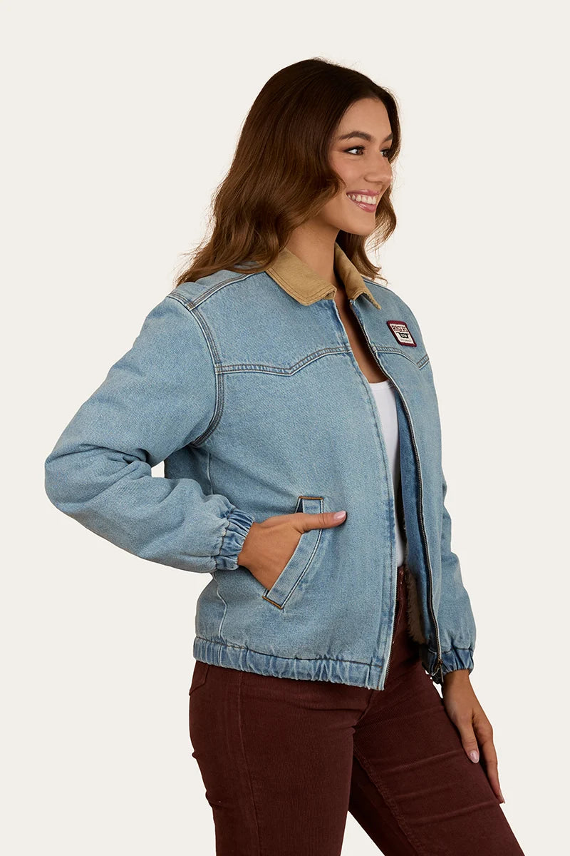 Ringers Western Women’s Charley Denim Sherpa Bomber Jacket - Light Wash Blue