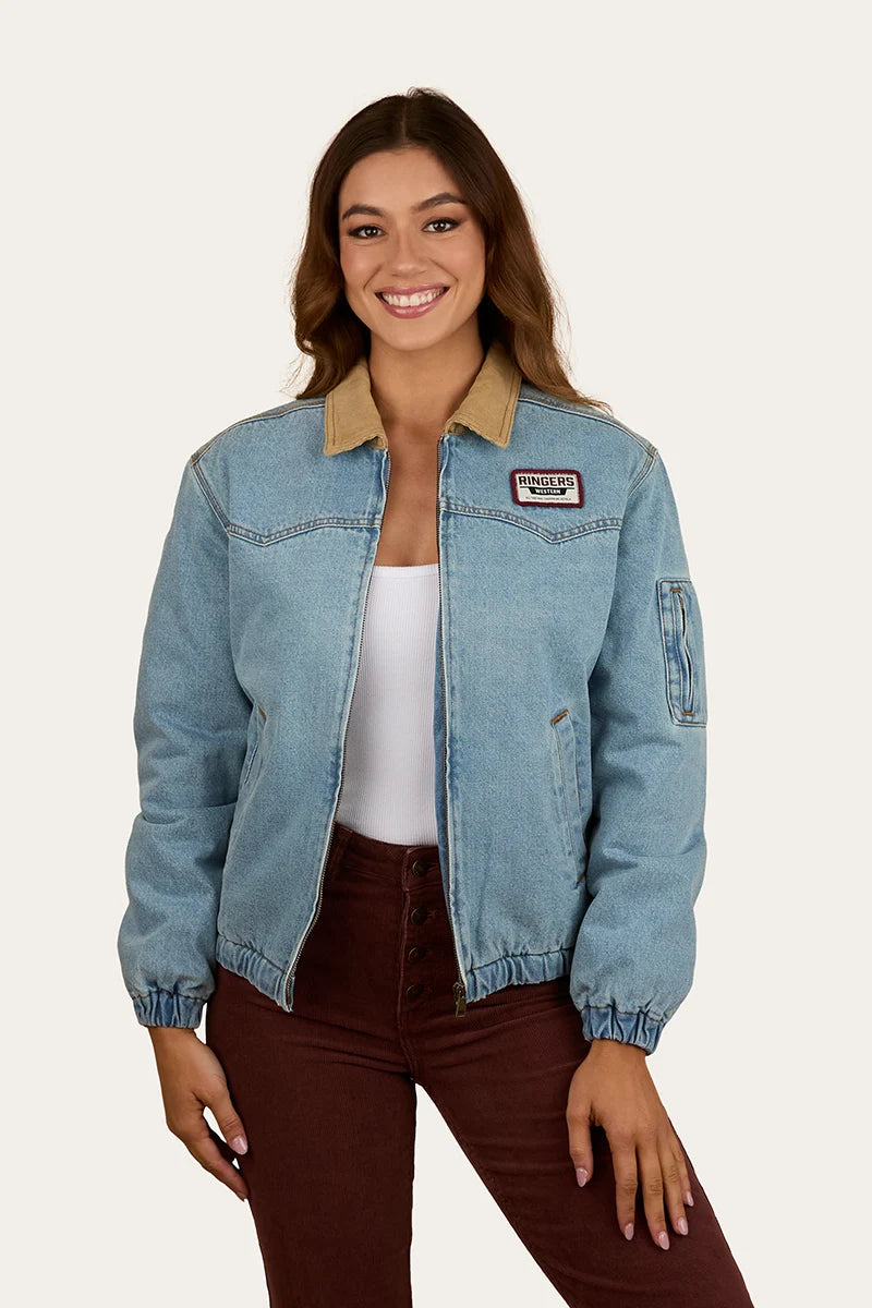 Ringers Western Women’s Charley Denim Sherpa Bomber Jacket - Light Wash Blue