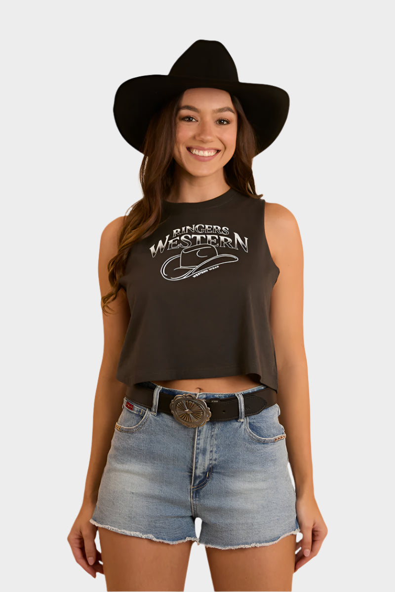 Ringers Western Womens Chasing Cowboys Crop Muscle Tank - Charcoal