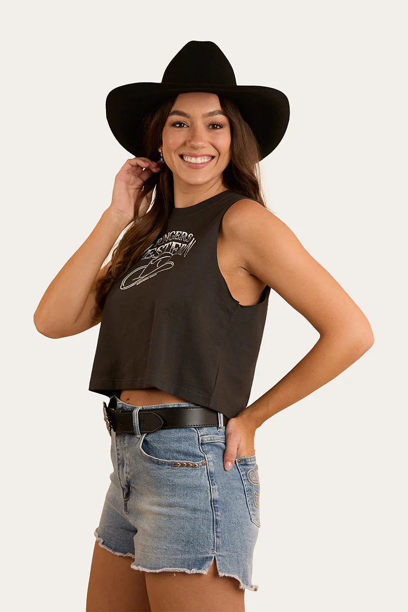 Ringers Western Womens Chasing Cowboys Crop Muscle Tank - Charcoal