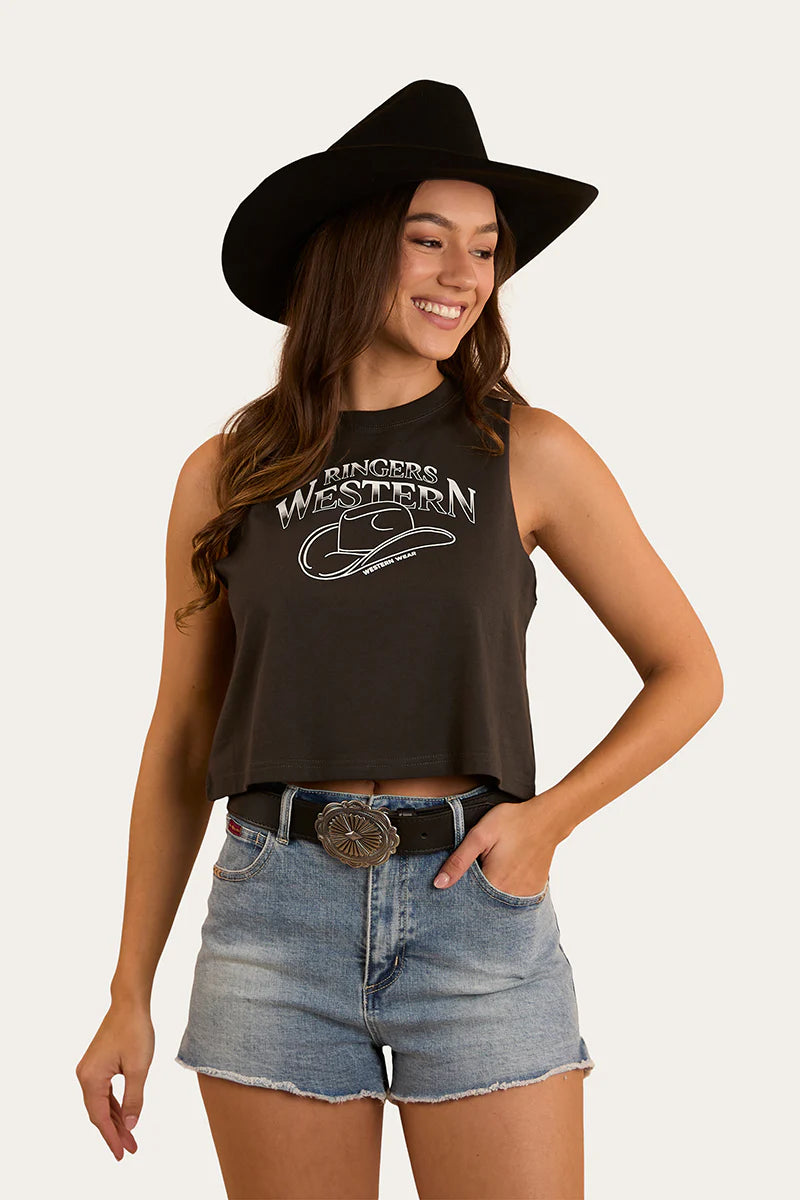 Ringers Western Womens Chasing Cowboys Crop Muscle Tank - Charcoal