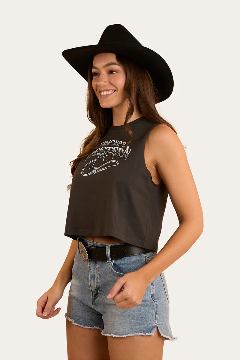Ringers Western Womens Chasing Cowboys Crop Muscle Tank - Charcoal