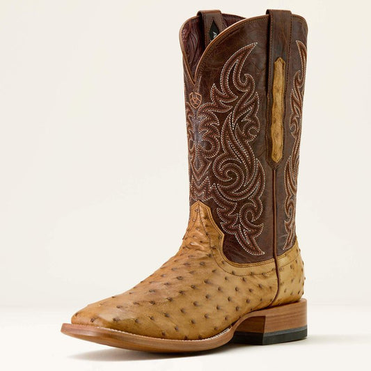 Ariat Men's Classic Cash Wide Square Toe Western Boot - Tan Full Quill Ostrich|Hickory Smoke