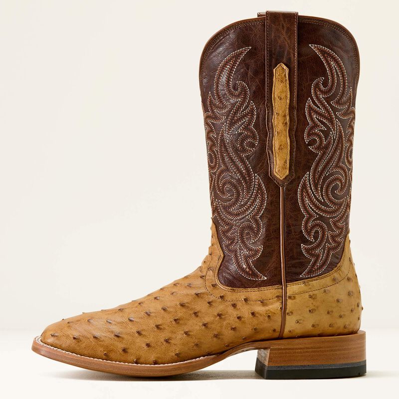 Ariat Men's Classic Cash Wide Square Toe Western Boot - Tan Full Quill Ostrich|Hickory Smoke