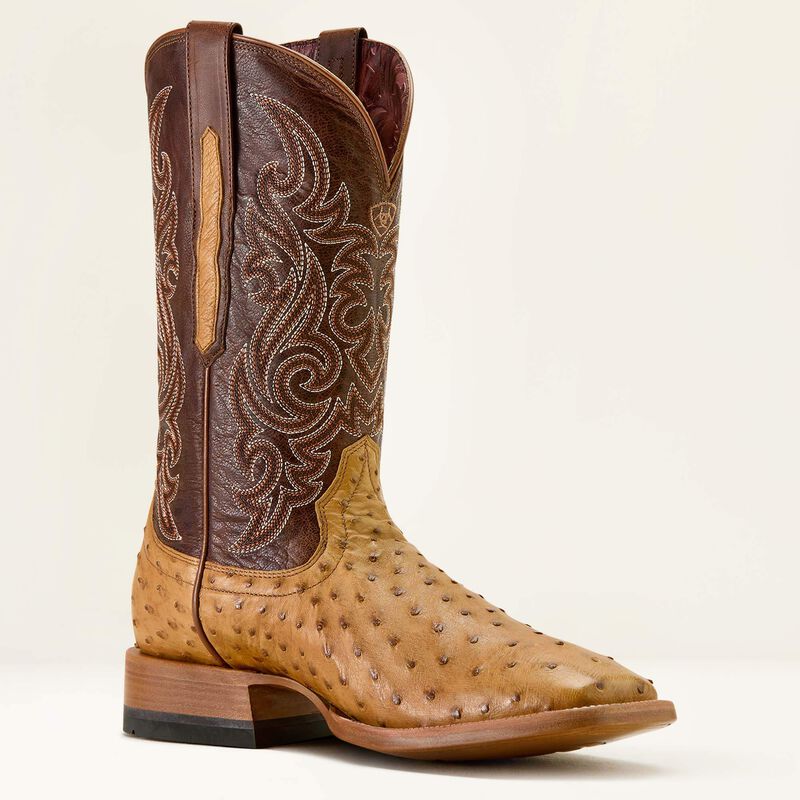 Ariat Men's Classic Cash Wide Square Toe Western Boot - Tan Full Quill Ostrich|Hickory Smoke