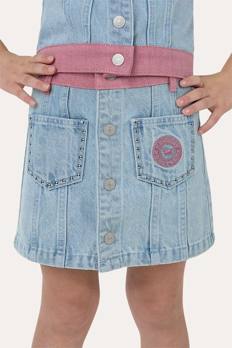 Ringers Western Cowgirl Club Kids Studded Denim Mini Skirt - Light Blue