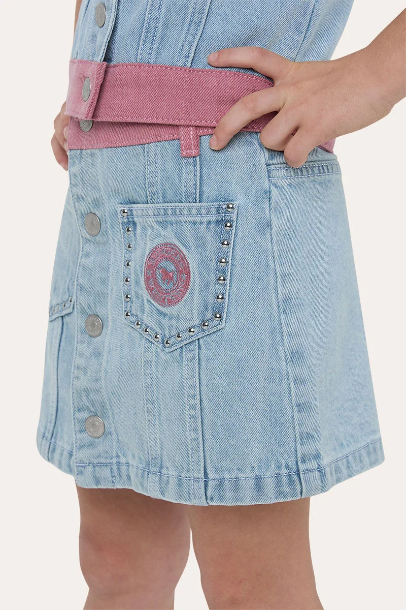Ringers Western Cowgirl Club Kids Studded Denim Mini Skirt - Light Blue