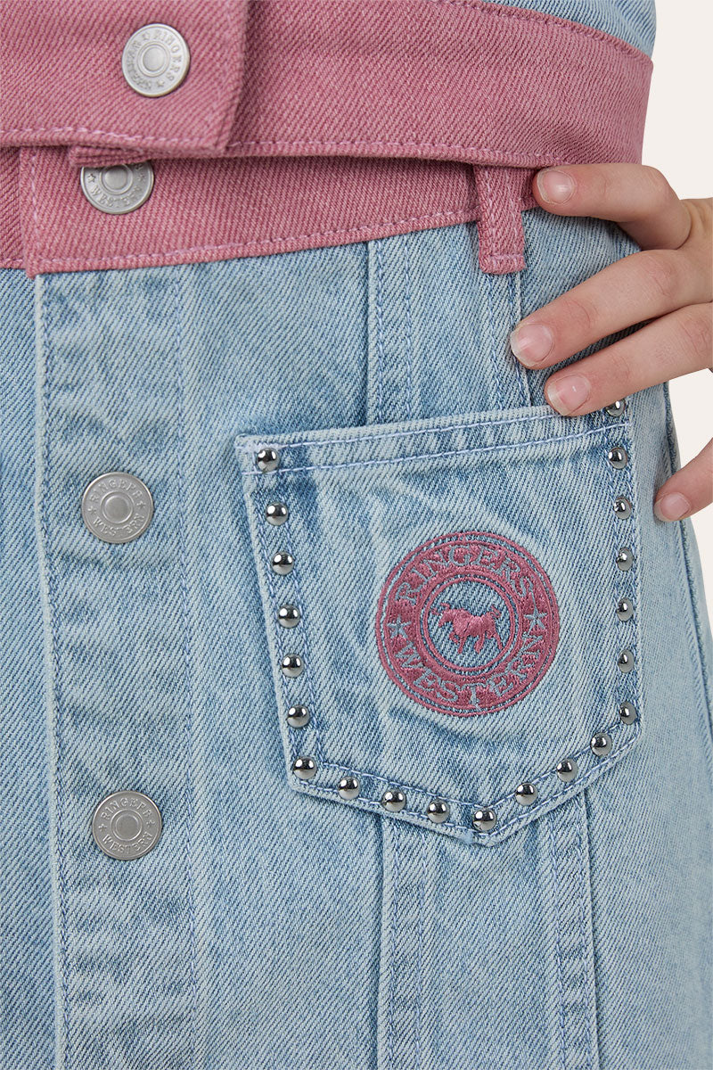 Ringers Western Cowgirl Club Kids Studded Denim Mini Skirt - Light Blue
