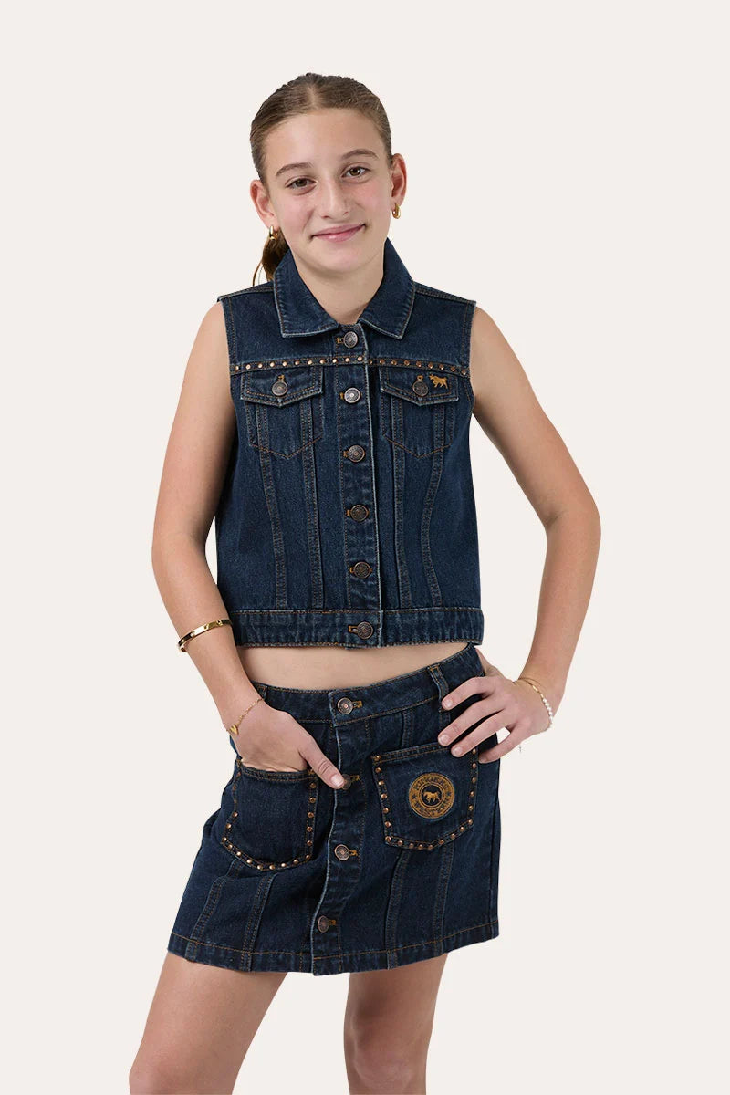 Ringers Western Cowgirl Youth Squad Denim Vest - Vintage Blue Wash