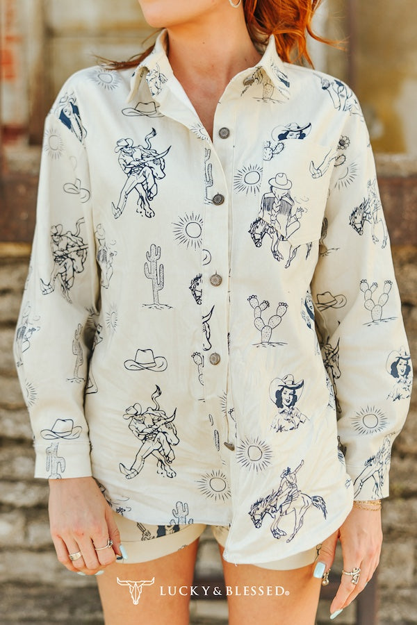 Lucky & Blessed Cream Western Cowboy Printed Button Down Long Sleeve