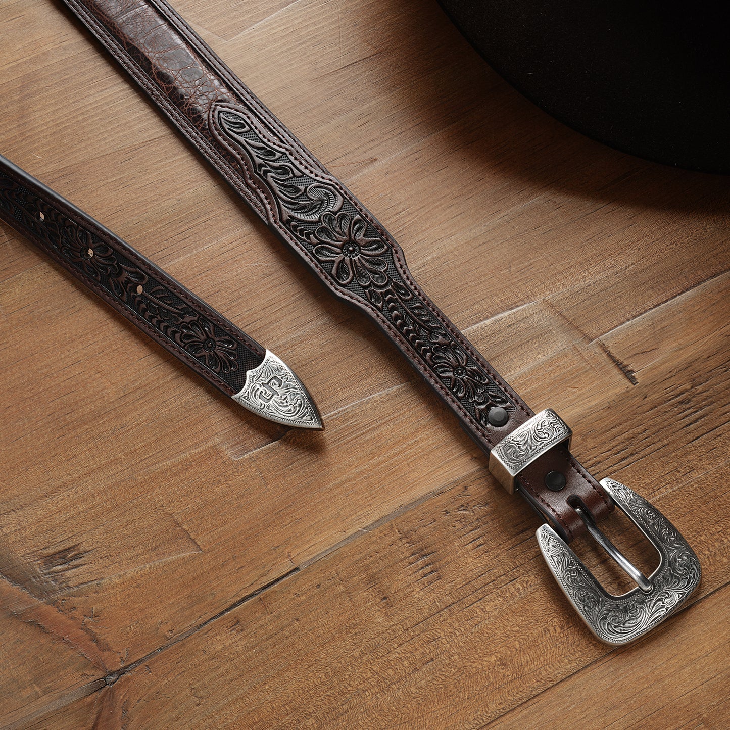 Stetson Croco Print Tooled Tapered Belt - Brown/Cognac 35mm