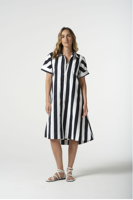 Goondiwindi Cotton ¾ Sleeve Thick Stripe Dress - Navy Stripe