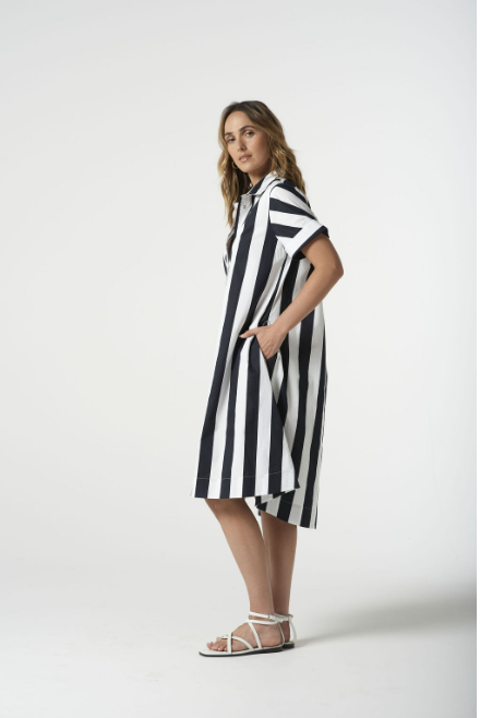 Goondiwindi Cotton ¾ Sleeve Thick Stripe Dress - Navy Stripe