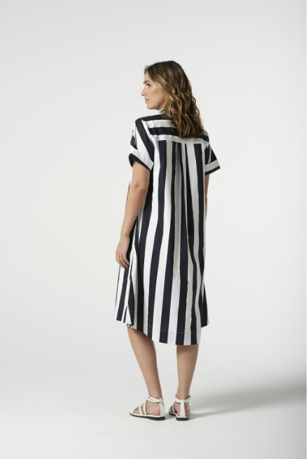 Goondiwindi Cotton ¾ Sleeve Thick Stripe Dress - Navy Stripe