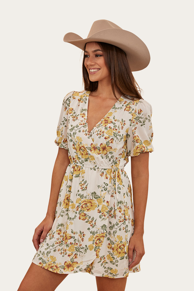 RINGERS WESTERN ROSABEL WOMENS WRAP DRESS - WHITE/YELLOW