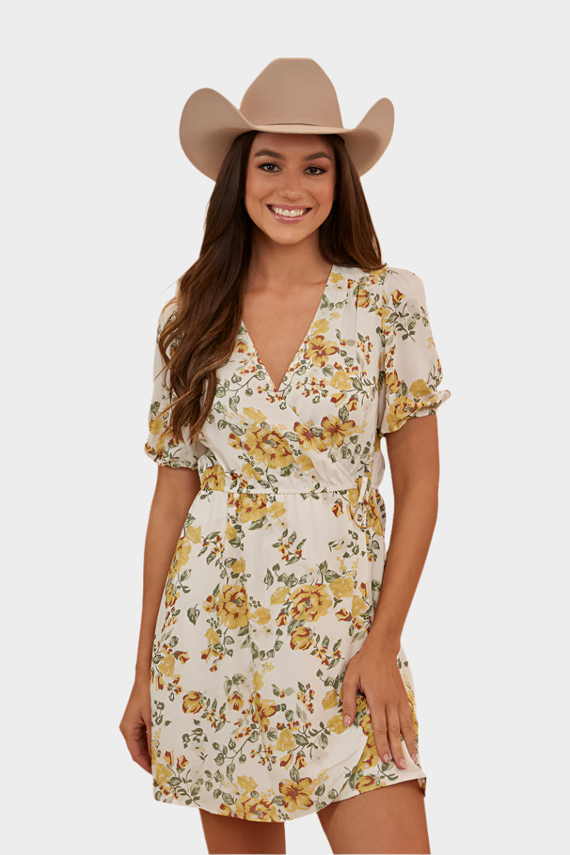 RINGERS WESTERN ROSABEL WOMENS WRAP DRESS - WHITE/YELLOW