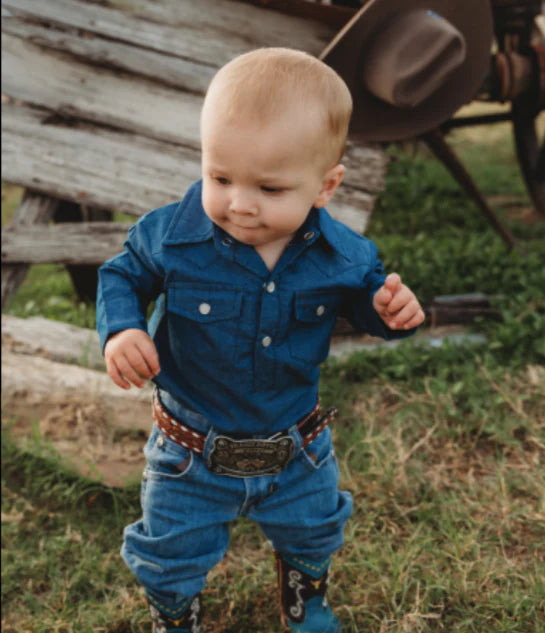 Shea Baby Baby Dark Denim LS Pearl Snap Onesie (0-18M)