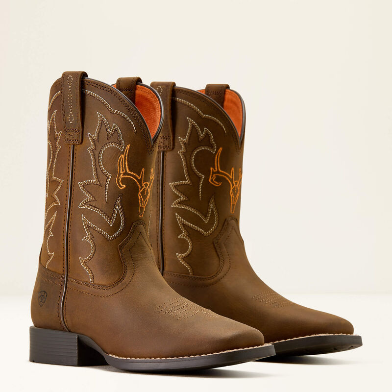 Ariat Kid's Deer Ridge Wide Square Toe Western Boot - DISTRESSED BROWN