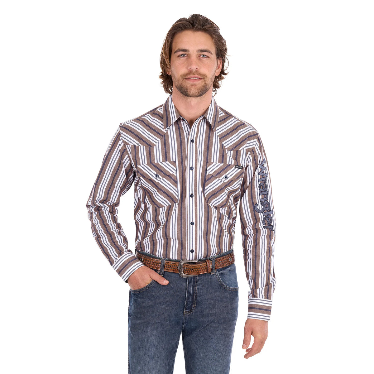 Wrangler Mens Eli Logo Long Sleeve Shirt - Denim/Tan