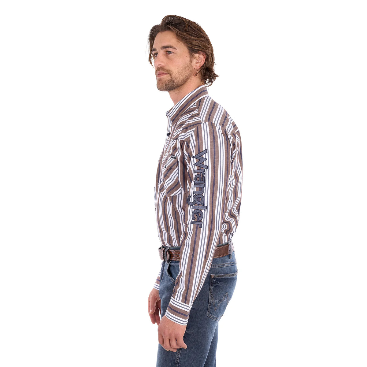 Wrangler Mens Eli Logo Long Sleeve Shirt - Denim/Tan