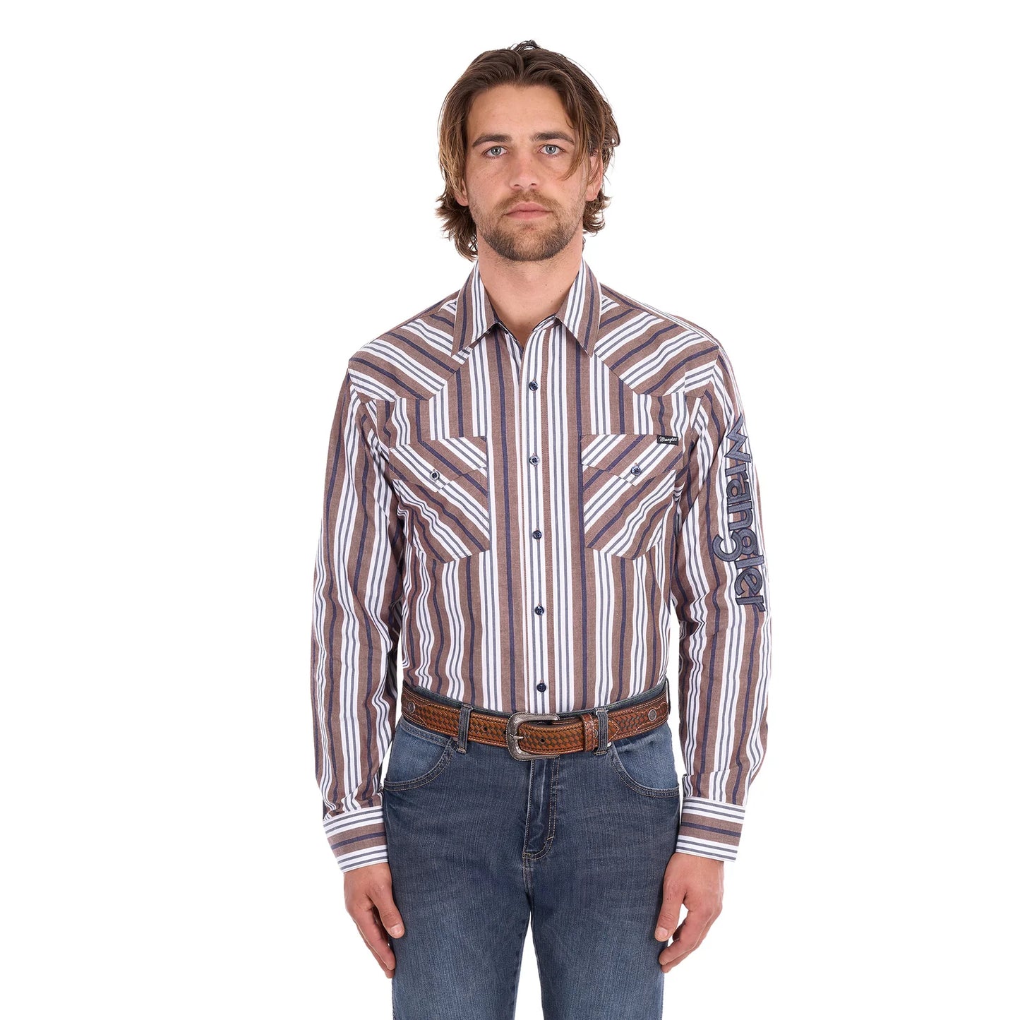 Wrangler Mens Eli Logo Long Sleeve Shirt - Denim/Tan