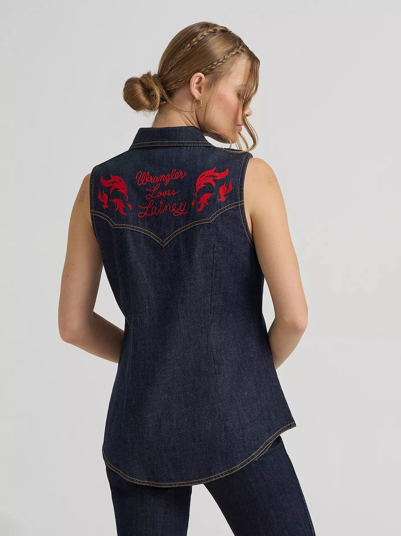 Wrangler Lainey Wilson x Embroidered Sleeveless Denim Shirt