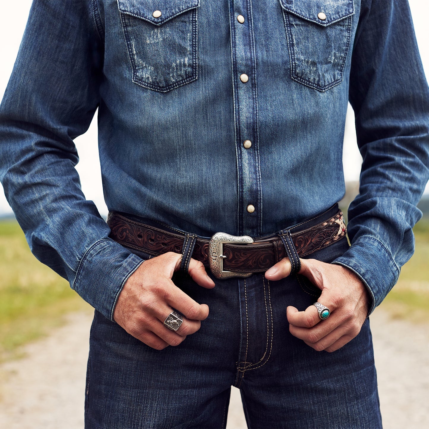 Stetson Embroidered Tooled Tab Belt - Vintage Brown 38mm