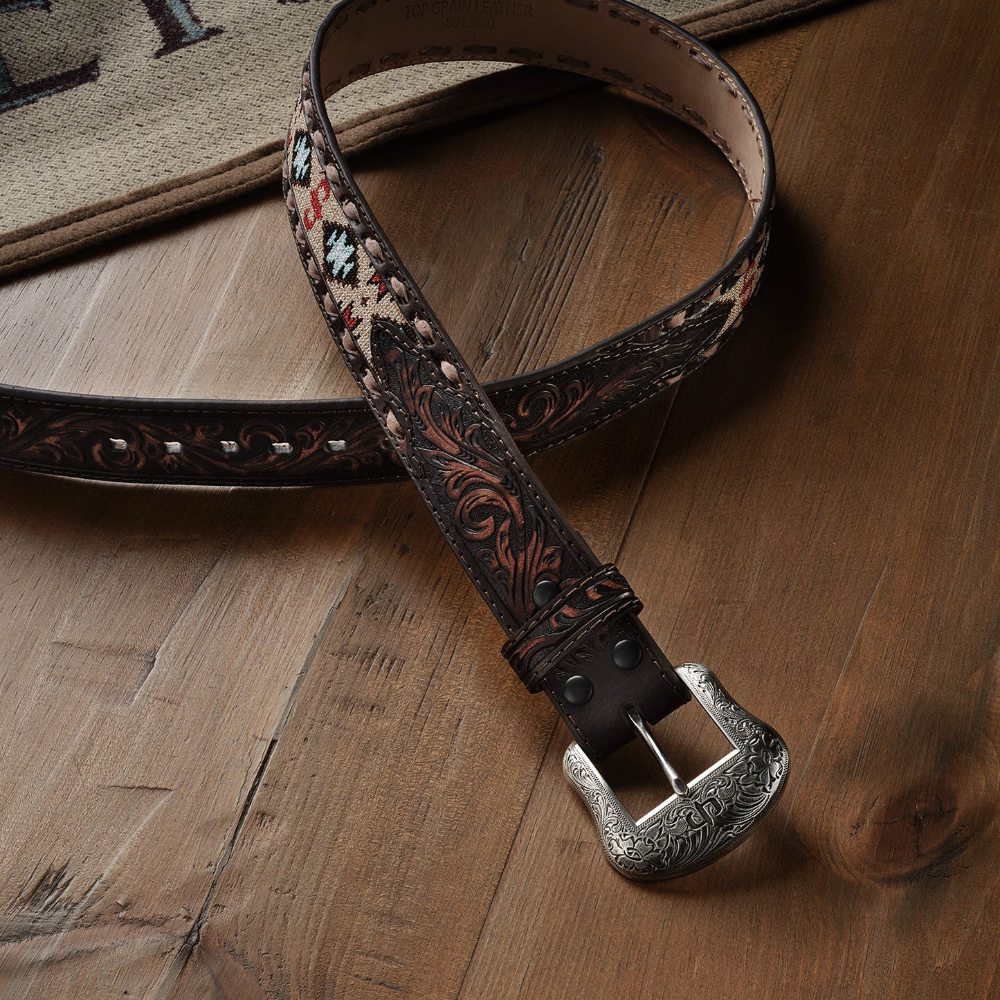 Stetson Embroidered Tooled Tab Belt - Vintage Brown 38mm
