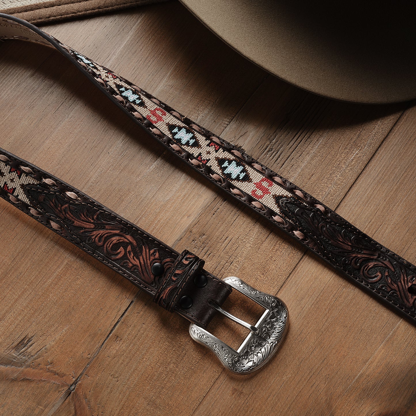 Stetson Embroidered Tooled Tab Belt - Vintage Brown 38mm