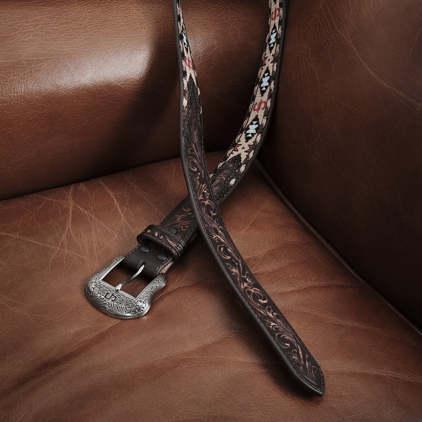 Stetson Embroidered Tooled Tab Belt - Vintage Brown 38mm