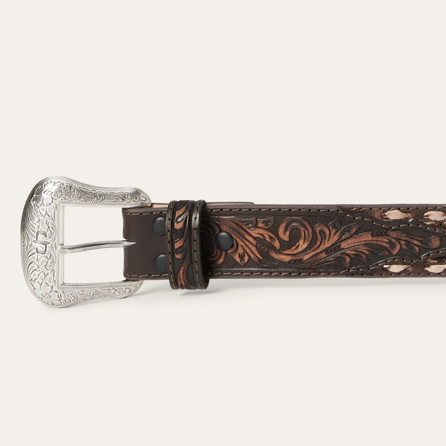 Stetson Embroidered Tooled Tab Belt - Vintage Brown 38mm