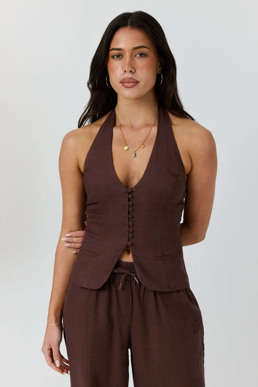 Ringers Western Fallon Womens Linen Halter Top -  Chocolate