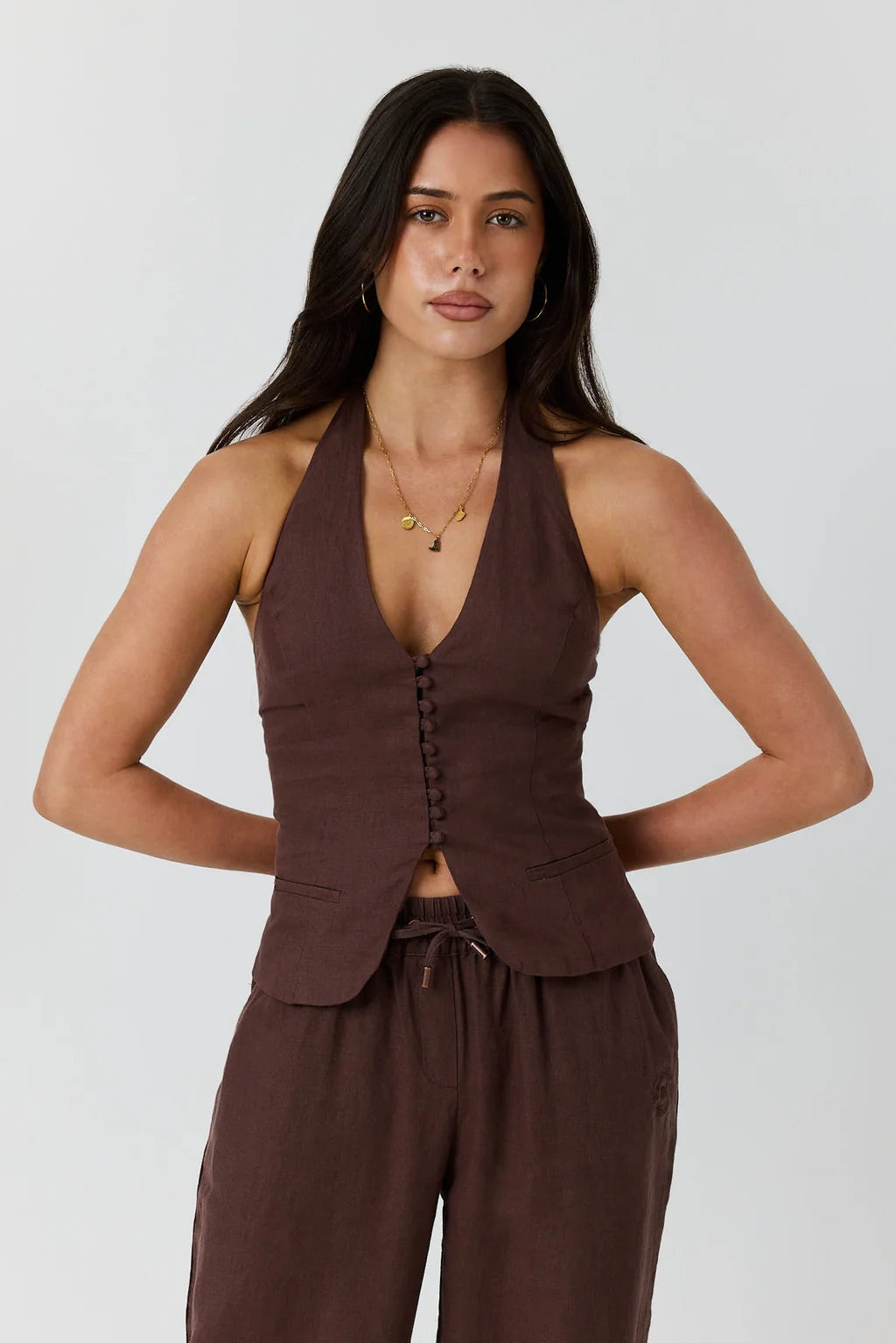 Ringers Western Fallon Womens Linen Halter Top -  Chocolate