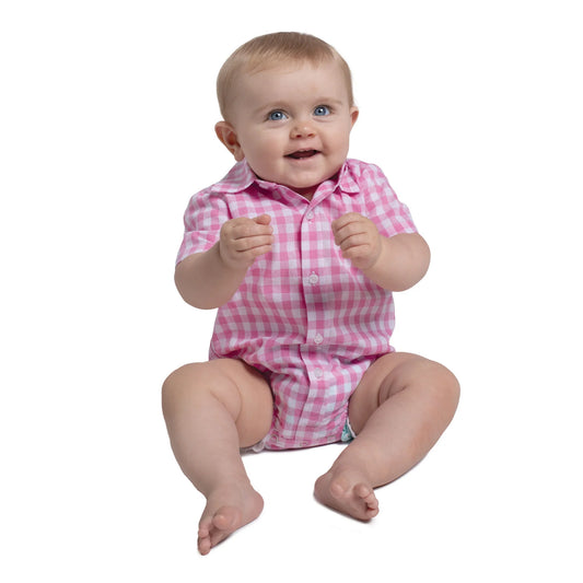 Just Country Infant Frankie Short Sleeve Full Button Jumpsuit - Pink Lemonade & White Check
