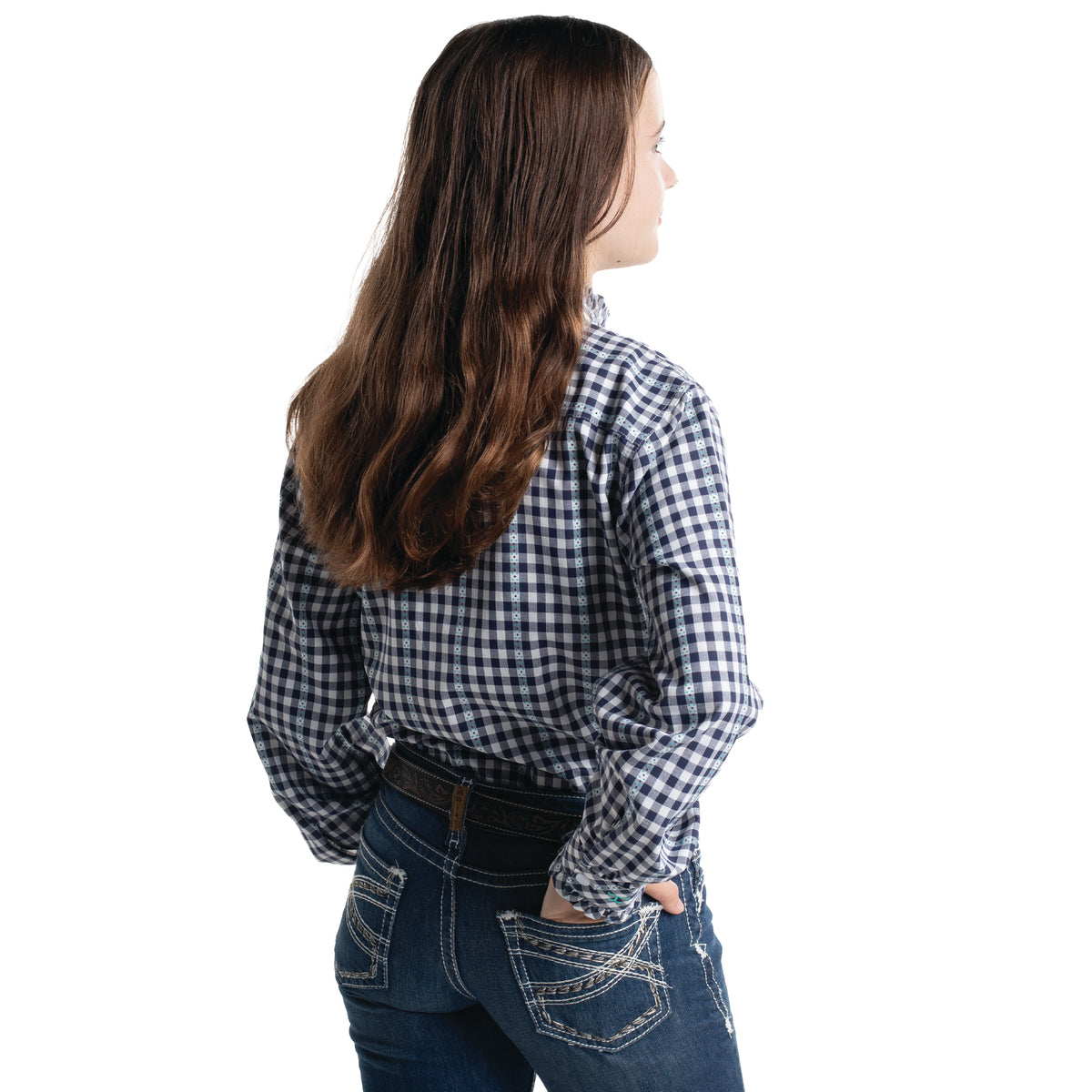 Just Country Girl's Gracie Frills Full Button Print Workshirt Patriot Blue & White Check