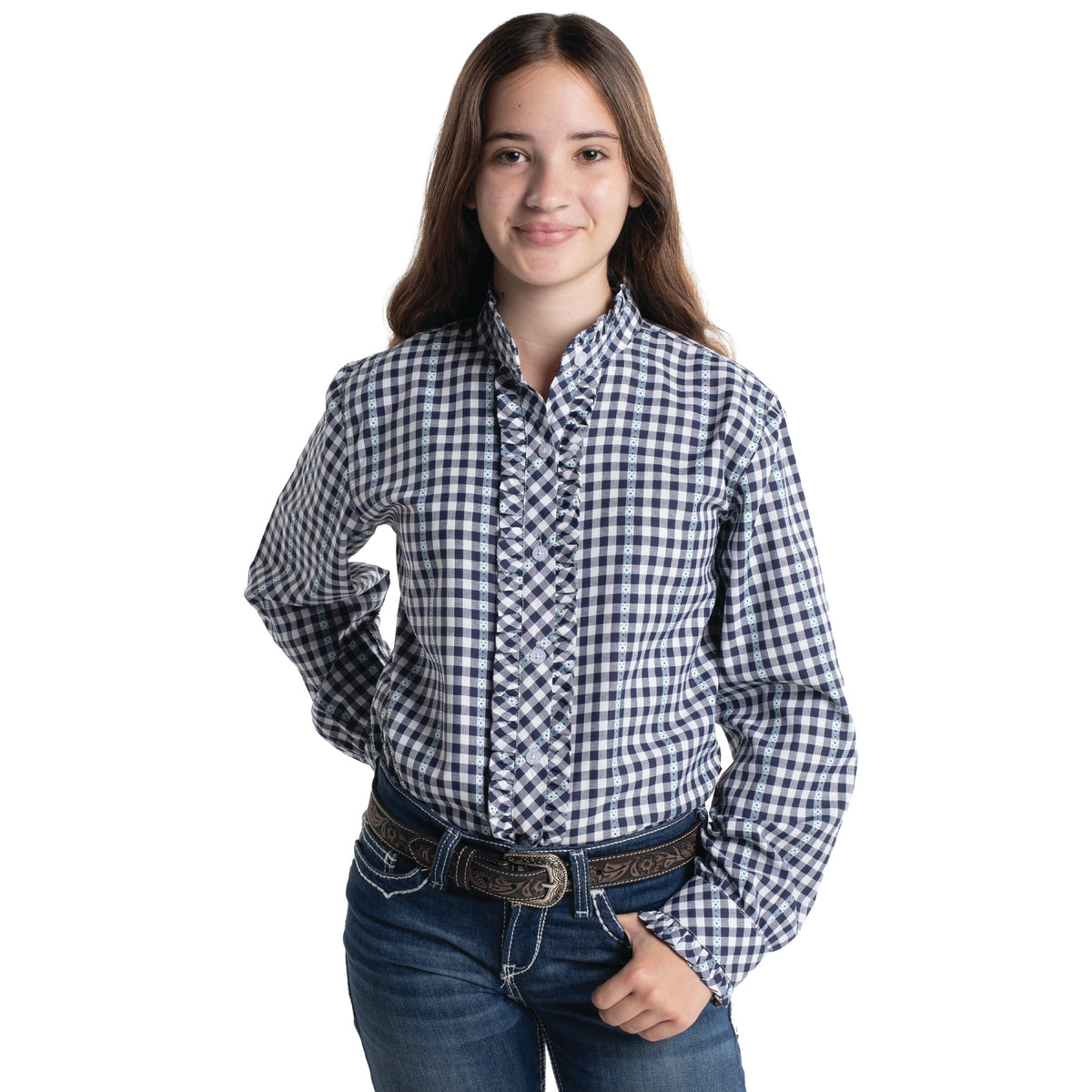 Just Country Girl's Gracie Frills Full Button Print Workshirt Patriot Blue & White Check