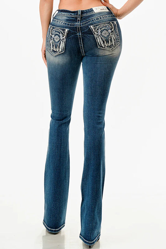 Grace in LA Dark Wash Easy Fit Bootcut Jeans with Steerhead and Feather Pocket