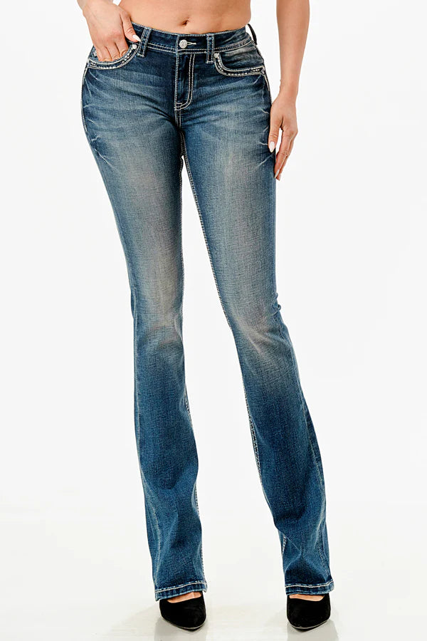 Grace in LA Dark Wash Easy Fit Bootcut Jeans with Steerhead and Feather Pocket