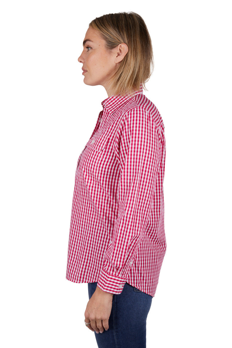 HARDSLOG WOMENS DANA HALF PLACKET L/S SHIRT (PINK)-CLEARANCE