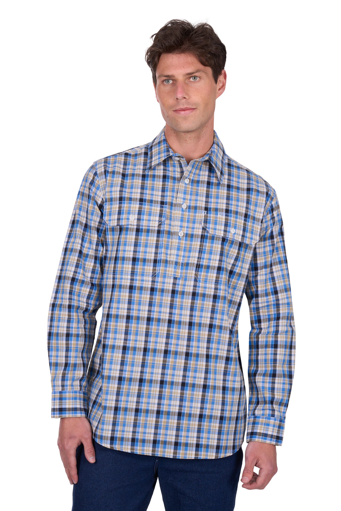 Hard Slog Men's Gibson 1/2 Plkt Ls Shirt - Blue/Tan