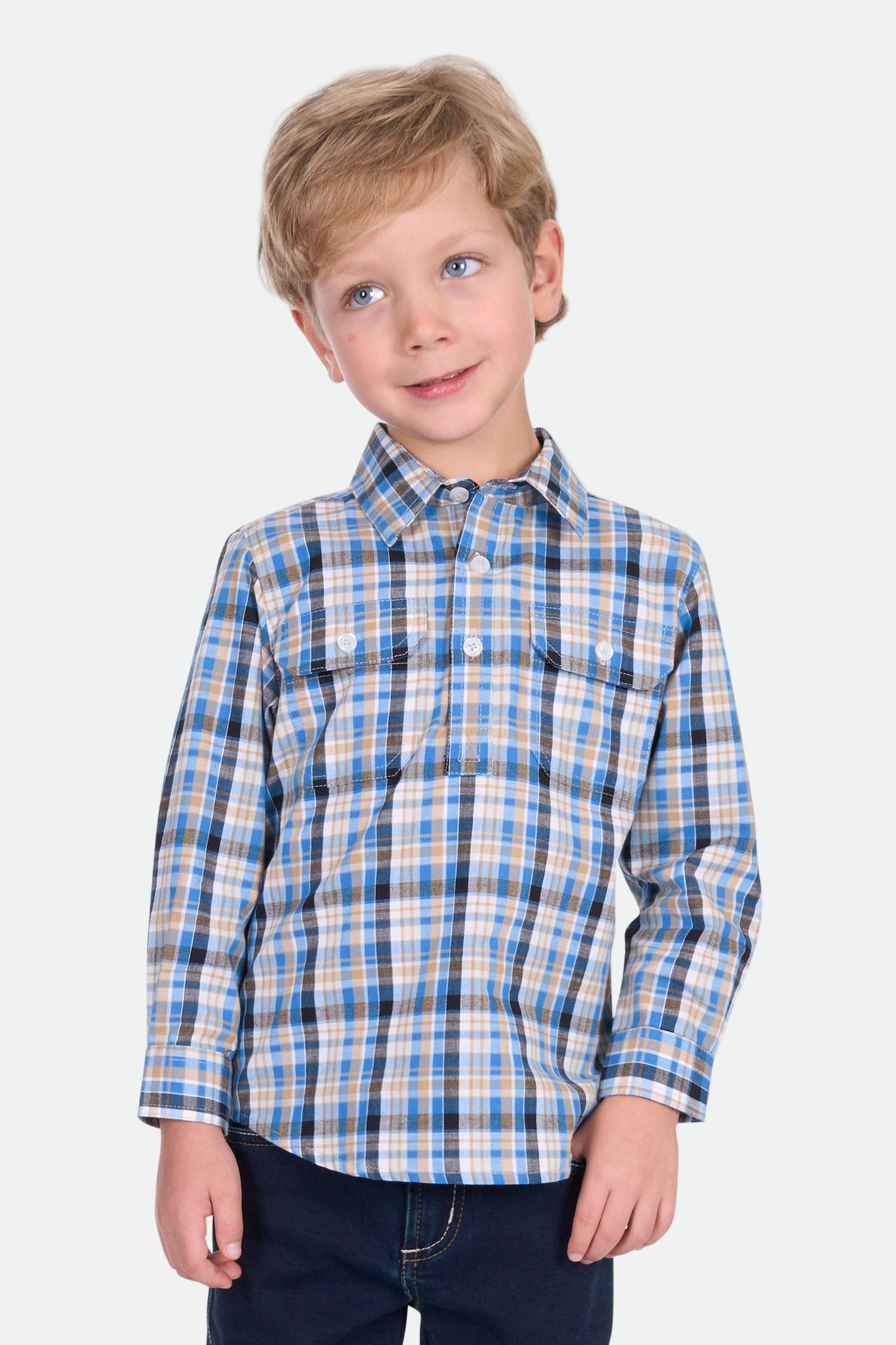 Hard Slog Kid's Gibson 1/2 Plkt Ls Shirt - Blue/Tan