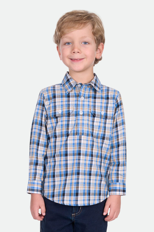 Hard Slog Kid's Gibson 1/2 Plkt Ls Shirt - Blue/Tan