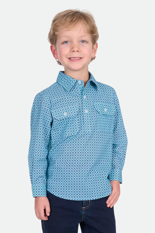 Hard Slog Kid's Lygon 1/2 Plkt Ls Shirt - Blue/Navy