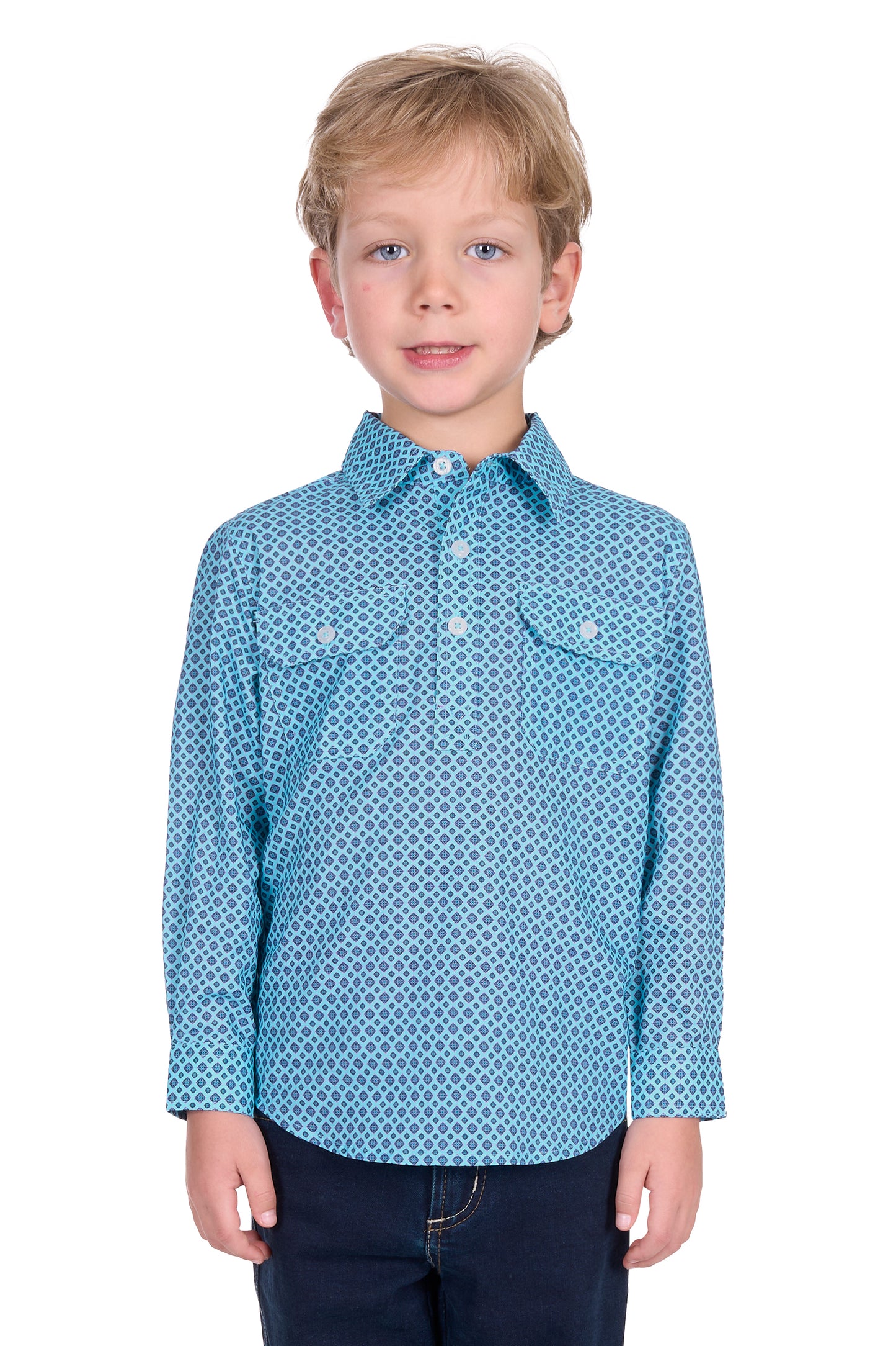 Hard Slog Kid's Lygon 1/2 Plkt Ls Shirt - Blue/Navy