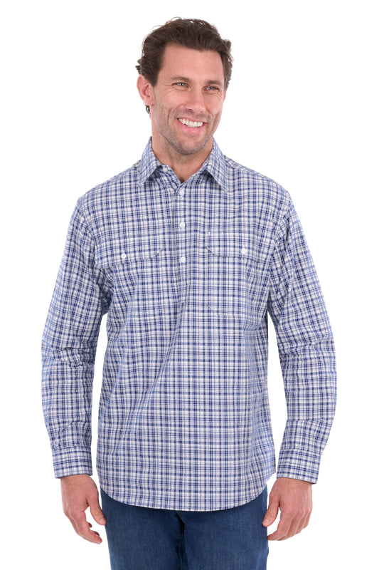 Hard Slog Men’s Brooks Half-Placket Long Sleeve Shirt – Blue/White