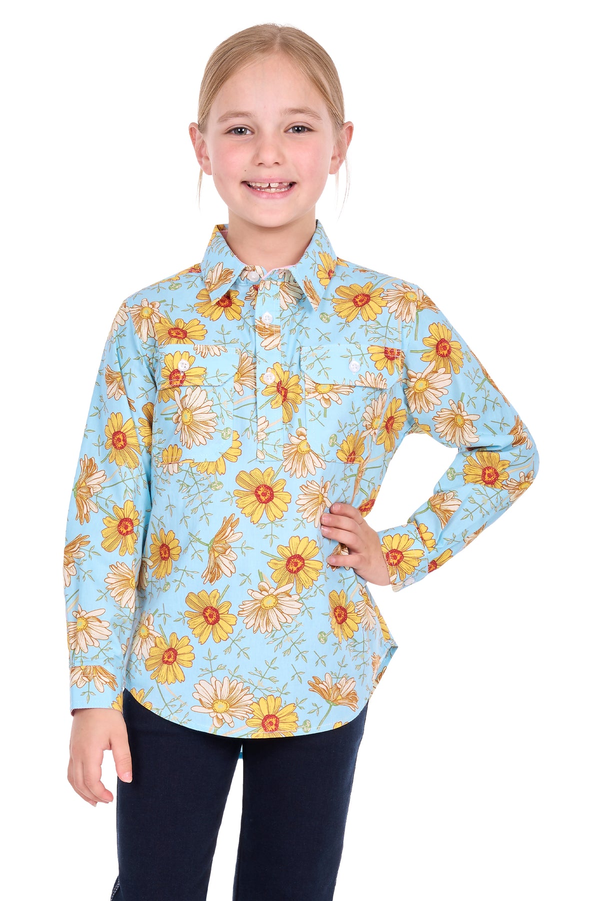 Hard Slog Kids’ Sunday Half-Placket Long Sleeve Shirt – Blue/Yellow