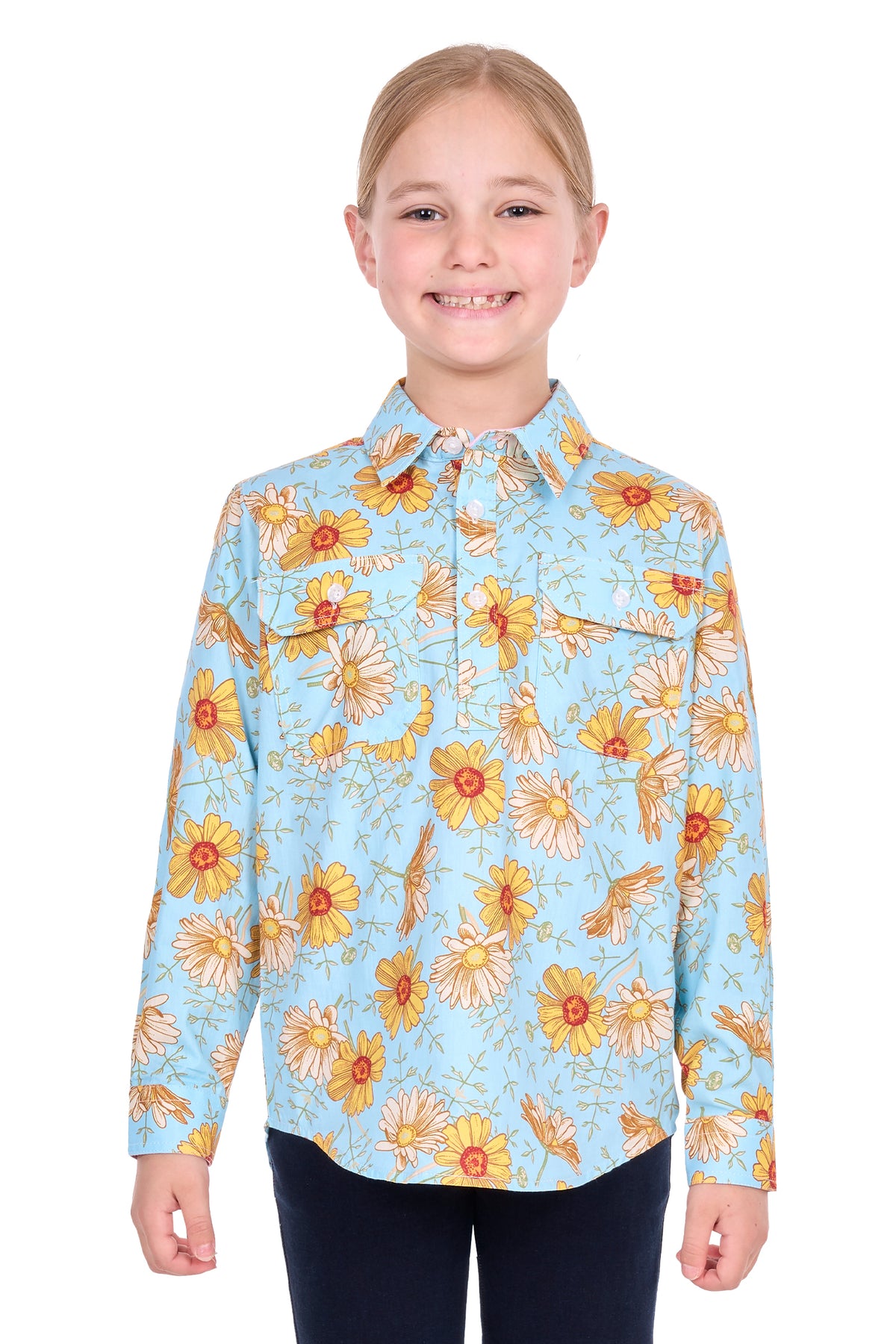 Hard Slog Kids’ Sunday Half-Placket Long Sleeve Shirt – Blue/Yellow
